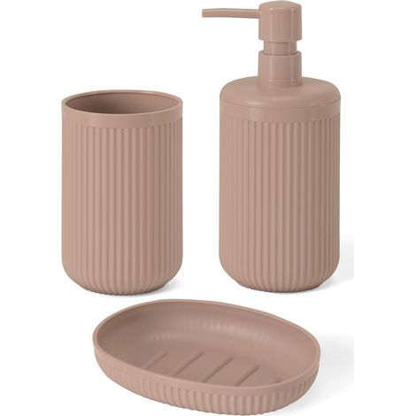 Set accessori bagno 3 pz con dispenser portaspazzolino e portasapone rosa cannettato Arizona (1/5)