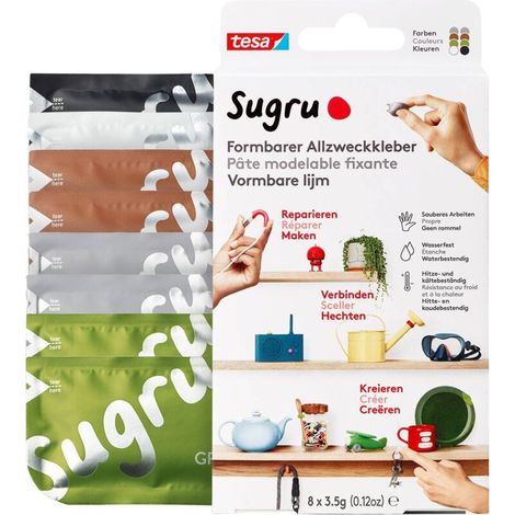 Masilla autoadhesiva reparable Sugru – Paquete de 8 sobres de 3,5 g, color gris, resistente de -40 a +180 °C, ideal para bricolaje y manualidades.