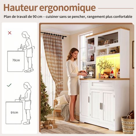 Armoire de cuisine, haute armoire/vitrine avec éclairage LED. Dimensions : 104 x 40 x 180 cm. Couleur : blanc/noir. Conçue pour être utilisée dans les cuisines et les salles à manger. (1/5)