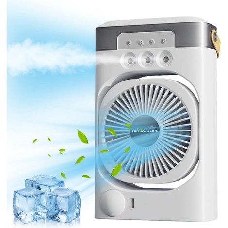 Ventilatore portatile a cubetti di ghiaccio con sistema di raffreddamento ad acqua, mini ventilatore evaporativo 3 in 1 con illuminazione a LED, timer, 3 velocità del vento e modalità nebulizzazione. (1/5)