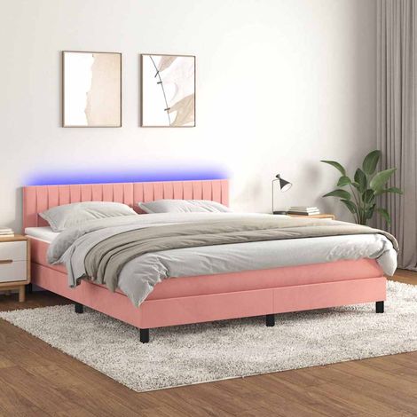 Cama box spring colchón y LED terciopelo rosa 180x200 cm (1/5)