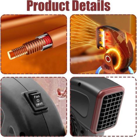 Chauffage de voiture, allume-cigare 12 V 150 W avec ventouse et 360° (24 V, rouge) (1/5)