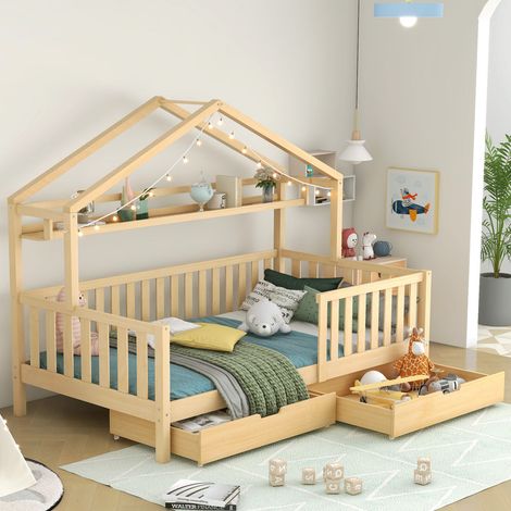 Lit enfant 90x200 couleur bois,lit cabane enfant avec tiroirs,bois massif avec sommier à lattes,lit cabane en pin,chambre d'enfant ou d'adolescent (1/5)