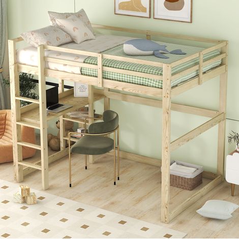 Lit mezzanine 140/200 cm naturel en pin avec bureau intégré et 4 niches de rangement (1/5)