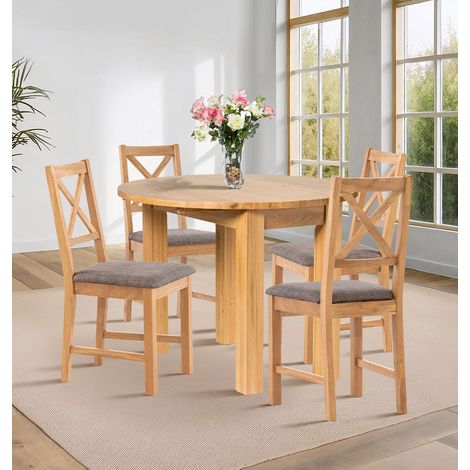 Hallowood Furniture Waverly Oak Small Round Dining Table and Chairs Set 4, Solid Wooden Drop Leaf Table Table and Chairs with Cross Back and Grey Fabric Padded Seats for Home and Café (1/5)