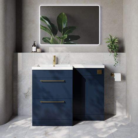 Napoli 460 Deep Blue 1100mm 2 Drawer Vanity Unit Toilet Suite with Left Hand Square Lucia Basin - 1100mm - Brushed Brass 320mm HandleWithout Kingston Toilet Pan