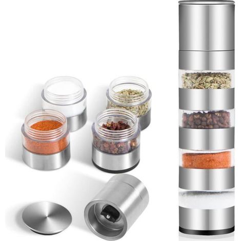 Ensemble de mini pots à épices avec couvercle, pot à épices 4 en 1 avec moulin à épices, broyage manuel de grains de poivre, sel de (1/5)