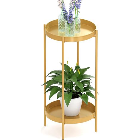 Support pour plantes d'intérieur et d'extérieur – Support de pot de fleurs en métal à 2 niveaux pour la maison, le jardin, la terrasse, la salle de bain, le bureau, le salon, le balcon (doré) (1/5)