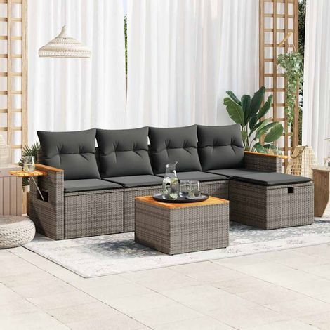 Set de muebles de jardín 6 pzas y cojines ratán sintético gris vidaXL (1/5)