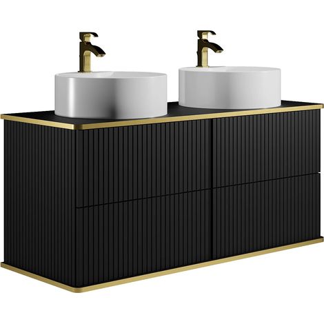Mobile bagno sospeso con scanalature con profilo dorato doppio lavabo da appoggio tondo 120 cm  Nero - KELIZA