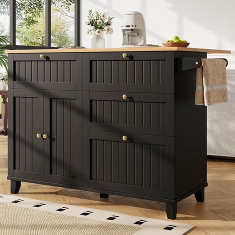 Îlot de cuisine noir moderne en bois avec armoires extensibles,table à manger multifonction et grand espace de rangement. (1/5)