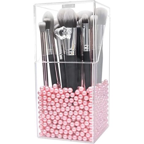 Organisateur de pinceaux de maquillage avec couvercle, boîte de rangement transparente en acrylique anti-poussière - Organisateur de pinceaux de maquillage en acrylique avec perles roses (1/5)