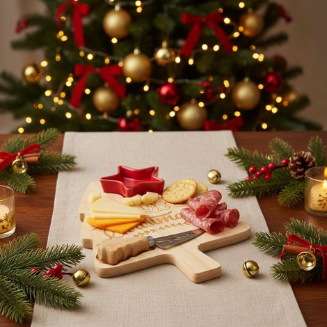 kit per formaggi con vassoio in bambù a forma di albero di Natale e coltellino -Rosso (1/4)