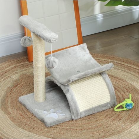 Tiragraffi piccolo per gatti con tunnel, cuccia a U e palline sospese grigio 40 x 30 x 43 cm OKWISH (1/5)