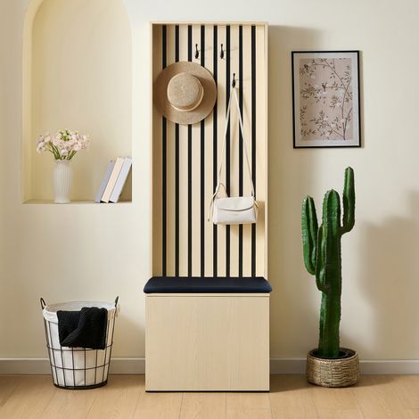 Meuble d'entrée moderne avec banc, rangement à chaussures et porte-manteau – armoire élégante avec 4 patères, assise rembourrée et étagères de stockage – parfait pour hall, couloir ou chambre. (1/5)