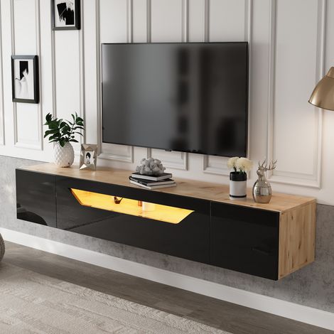 MEUBLIV Mueble TV mural 180x37x36 cm negro y natural – LED (1/5)