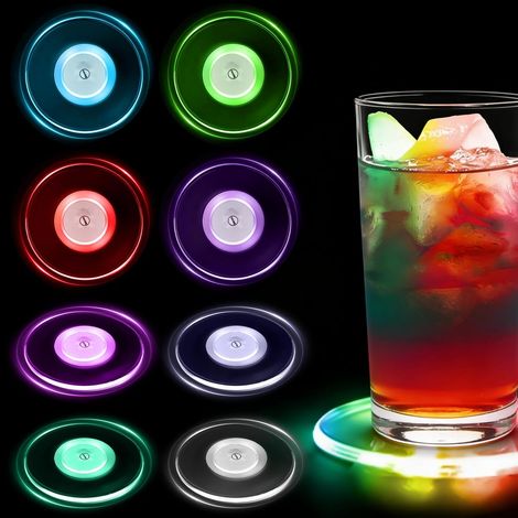 Assortiment de sous-verres LED: 8 sous-verres lumineux en acrylique, 3 modes d’éclairage, 7 modes de couleur et interrupteur marche/arrêt, parfaits pour les verres, les fêtes, les bars et les mariages (1/5)
