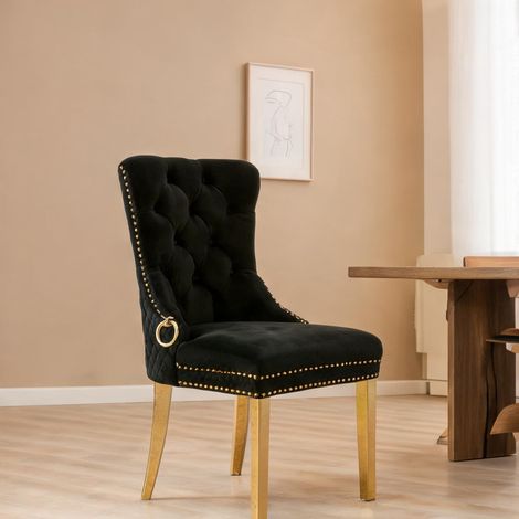 Lot de 6 chaises de salle à manger en velours noir et piètement (1/5)