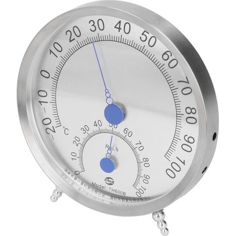 Thermomètre-hygromètre rond en acier inoxydable étanche et résistant à la chaleur pour l'extérieur, avec support. (1/5)