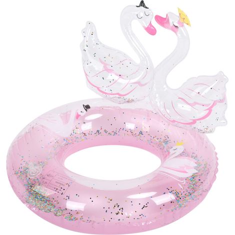 Double swan inflatable float for children, girls, with glitter, made of pink PVC, 60 pounds (1/5)
