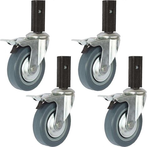 Roulettes pivotantes pour meubles (lot de 4), 100 mm, avec support tubulaire carré (23 x 68 mm), silencieuses, capacité de charge de 210 kg, pour chariots et wagons de service. (1/3)