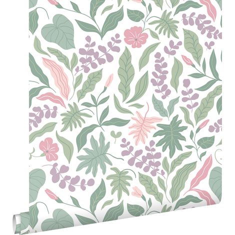 papier peint feuilles et fleurs violet, rose et vert - ESTAhome (1/5)