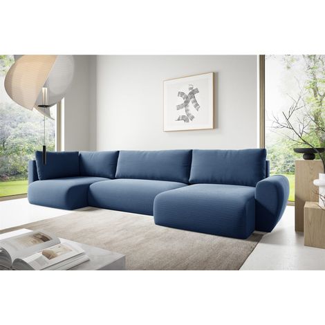 Wohnlandschaft Schlafsofa GALAN Stoff Poso Blau Ottomane Rechts