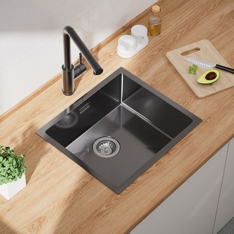 CECIPA MAX Edelstahl Küchenspüle 50 x 44 cm, Handgefertigt Einbauspüle, mit Ablaufgarnitur & Überlauf – für Auf-, In- und Unterbau, Anthrazit (1/5)