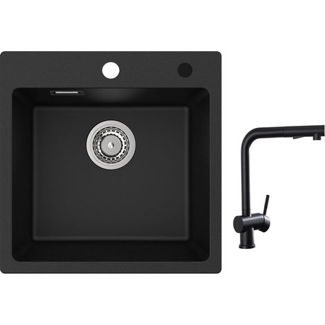 Cecipa Evier 1 Bac en Quartz et Résine 45x45cm Evier de Cuisine Evier à Encastrer 1 cuve + Robinets Cuisine avec Douchette Extractible, Mitigeur d'évier Noir (1/5)