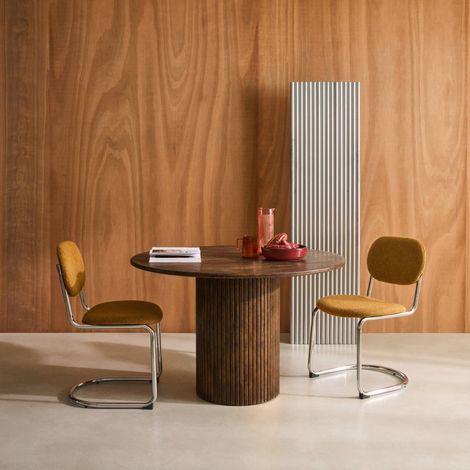 Round rubberwood dining table and oak veneer 4 seats, Walnut, 115x115x73 cm - Estelle (1/5)