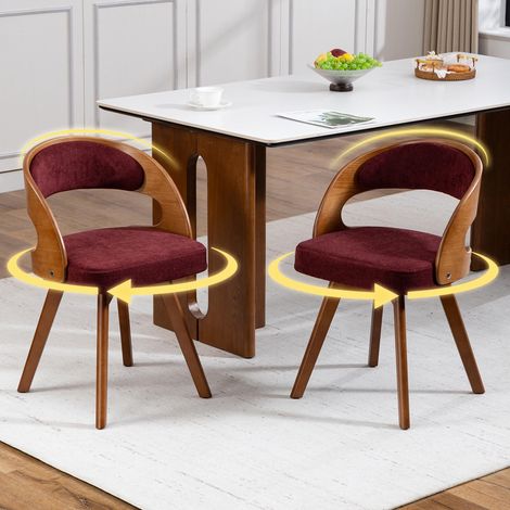 Ensemble de deux chaises de salle à manger modernes en bois avec assise pivotante, coussins d'assise en lin et coton et dossiers incurvés chaises d'appoint pour cuisines et cafés (Lin rouge vin) (1/5)