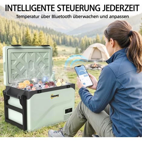 Glacière électrique silencieuse 42,5 L, mini réfrigérateur jusqu'à -20°C, avec roulettes, poignée, support téléphone et Bluetooth (1/5)