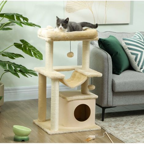 Albero per gatti con amaca, cuccia, piattaforma e gioco, 48 x 48 x 90 cm, crema (1/5)
