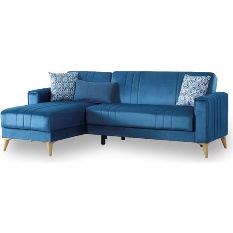 Dmora - Divano letto con penisola Aronix, Divano contenitore ad angolo con 3 cuscini, Sofà in tessuto con apertura click-clack, 225x151h84 cm, Blu