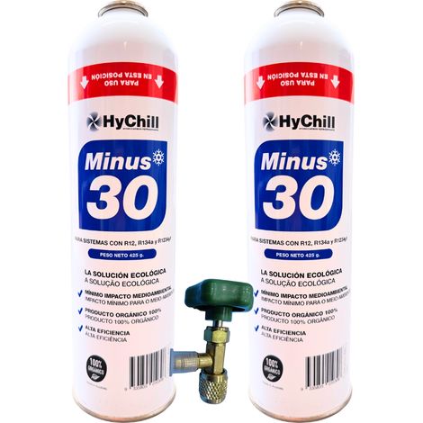 Pack 2 Gas HyChill Minus 30 + Válvula de Carga  Sustituto Ecológico R134a R12  Kit Recarga Aire Acondicionado Automoción