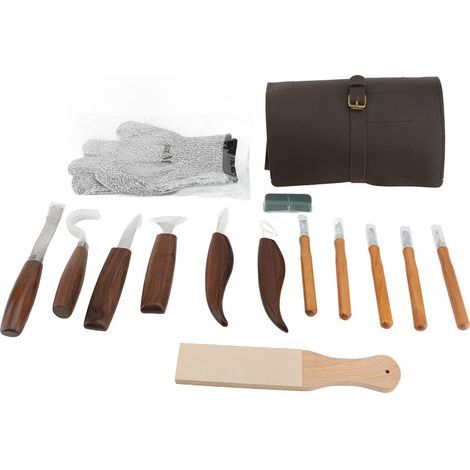 15-teiliges Schnitzwerkzeug-Set, Griff aus Walnussholz, Holzschaber und Polierstein (1/2)