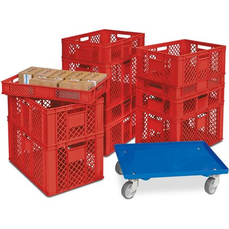 BRB Lot de 11 paniers empilables en polyéthylène haute densité Rouge 600 x 400 mm 90 mm/150 mm/240 mm/320 mm avec chariot de transport (1/2)