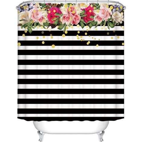 Rideau de Douche Tissu Lavable, Polyester Rideaux de Salle de Bain Facile à Nettoyer avec 12 Crochets Résistant à l'eau Anti-moisissure Décor À La Maison Accessoires (Fleur rayée,90x180cm) (1/5)