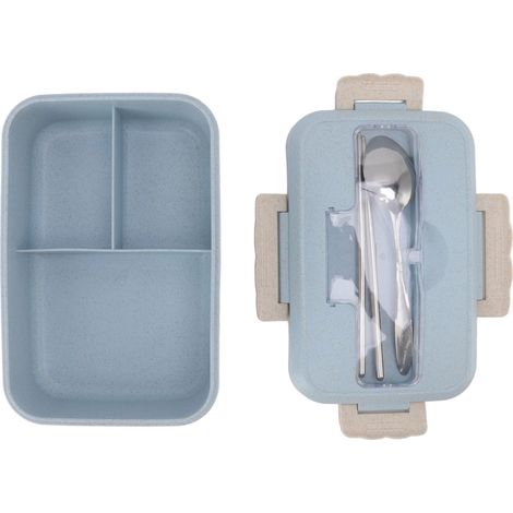 Boîte repas japonaise en paille de blé, compartiments, isotherme, micro-ondes, lunchbox pour étudiants et employés, couvercle simple, bleu nordique, kit couverts inclus (1/5)