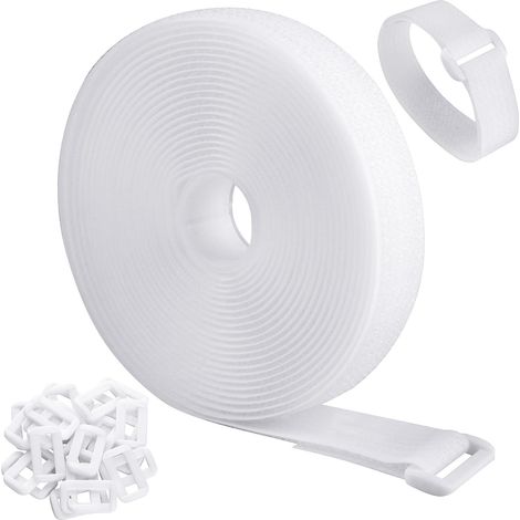 (5 m x 2 cm, blanc) Attache câble réglable de 5 m avec 25 boucles, attache câble réutilisable avec fermeture auto agrippante pour la gestion des câbles.