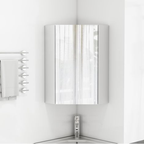 Armoire de toilette d’angle murale à 3 miroirs, fermeture douce, étagères intégrées, MDF blanc et verre (1/5)