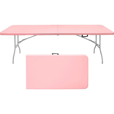 Table pliante polyvalente robuste en plastique haute densité avec poignée, 244 x 76 x 73,6 cm, capacité 135 kg, rose (1/5)