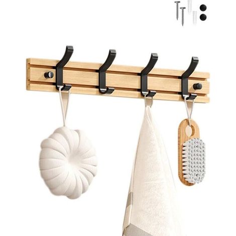 Porte Manteau Bambou Mural, Patères 4 Crochets pour Suspendre Vêtements, Peignoirs, Serviettes, Manteaux Crochet Mural pour Entrée, Chambre, Salle de Bain (Noir-4 Crochets) (1/4)