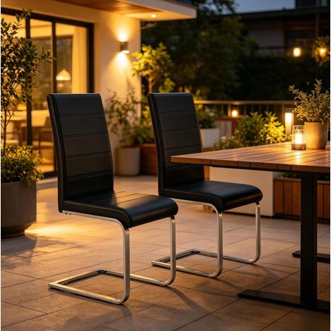 Set di 2 sedie cantilever da pranzo, schienale alto, struttura in metallo, PU nero (1/5)