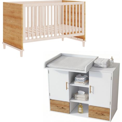 CHICFURN Ensemble lit bébé et table à langer en bois clair et blanc, lit à barreaux 70x140 cm réglable 5 hauteurs, meuble bébé avec rangement pour chambre (1/5)