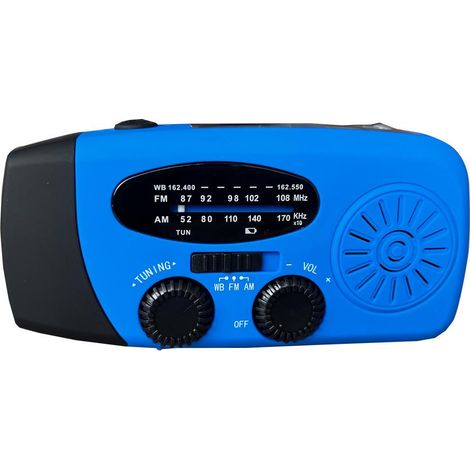 Notradio mit Handkurbel und LED-Taschenlampe, tragbares AM/FM-Wetterradio mit externem 2000-mAh-Akku, USB- und Solarladefunktion für Camping und Notfälle.