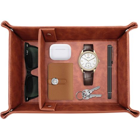 Plateau de valet en cuir pour homme, 2 emplacements, organiseur de table d'entrée, plateau de coiffeuse, plateau de chevet pour clés, portefeuille, montre, téléphone, pièces de monnaie, bijoux, (1/5)