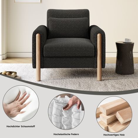 Fauteuil moderne à coussin épais, siège individuel confortable avec rembourrage doux, chaise relax pour salon, bureau ou chambre, fauteuil moelleux, gris. (1/5)