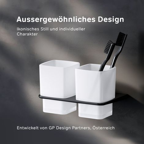 AM.PM Zahnputzbecher doppel mit Halterung Zahnbürstenhalter Zahnbürstenbecher Becherhalter Glas Edelstahl mit bohren Badezimmerbecher , Schwarz matt