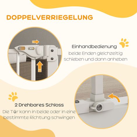 Barrière de protection animale, barrière de sécurité pour chien, métal et plastique, blanche, extensible de 74 à 87 cm. (1/4)